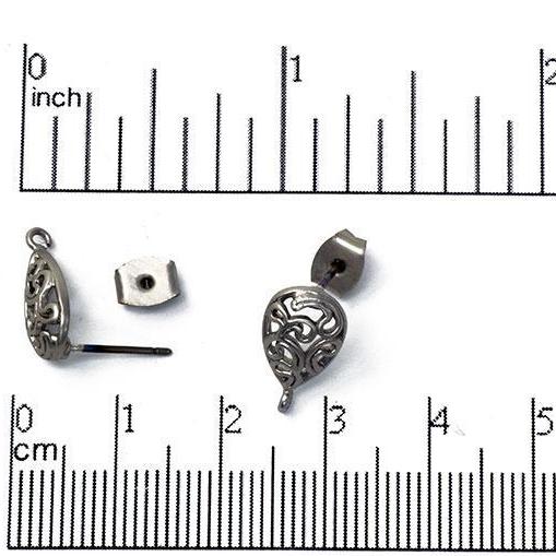14mm Filigree Teardrop Post Earring with Loop - Satin Rhodium Silver Finish - Earnut Included - Nickel Free - Sold by the Piece - KE-4