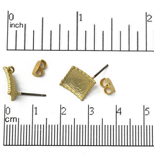 11mm Concave Textured Square Earring Post with Loop - Earnut Included - Electro-Plated - Satin Rhodium Silver and Satin Hamilton Gold - KE-7