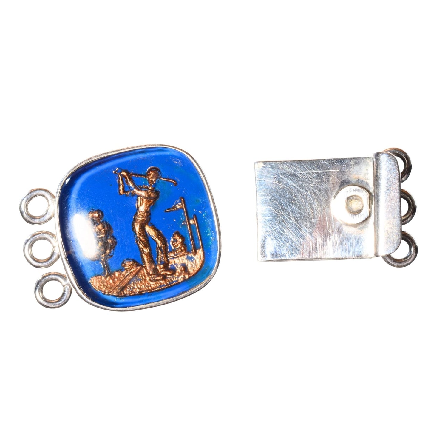Sterling Silver Golf Scene Clasp with Blue Glass Inlay – 3 Strand