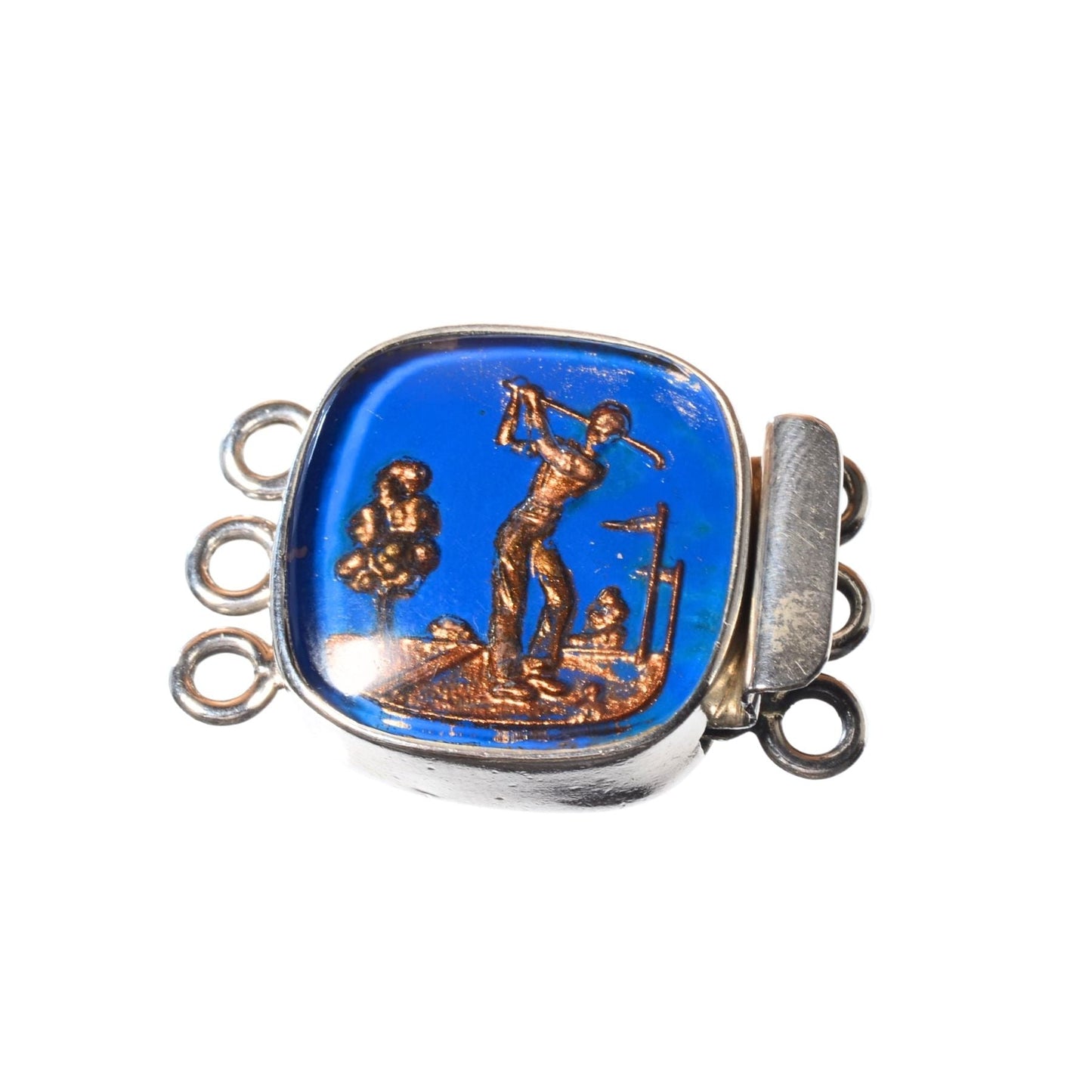 Sterling Silver Golf Scene Clasp with Blue Glass Inlay – 3 Strand