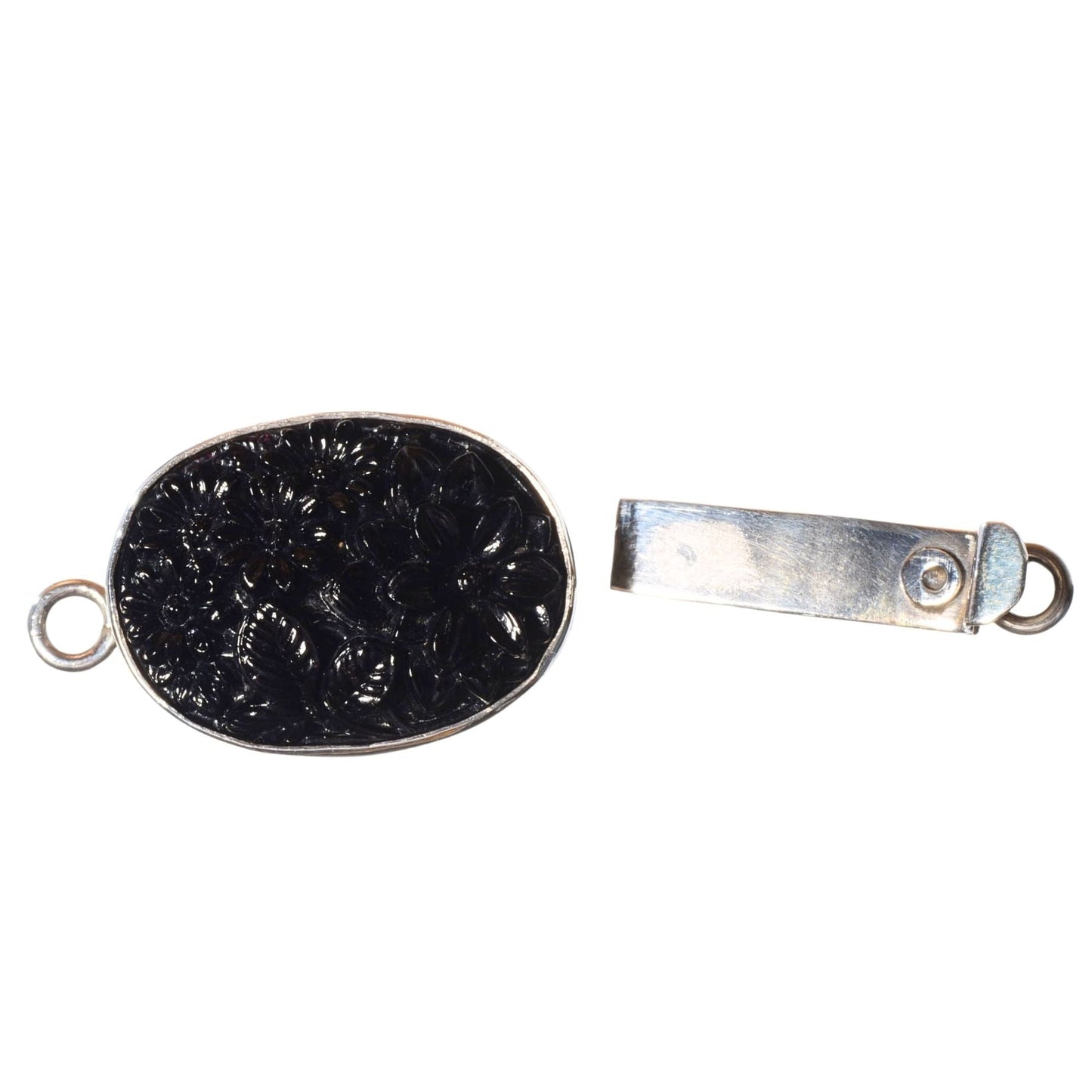 Sterling Silver Oval Clasp with Carved Black Floral Inlay
