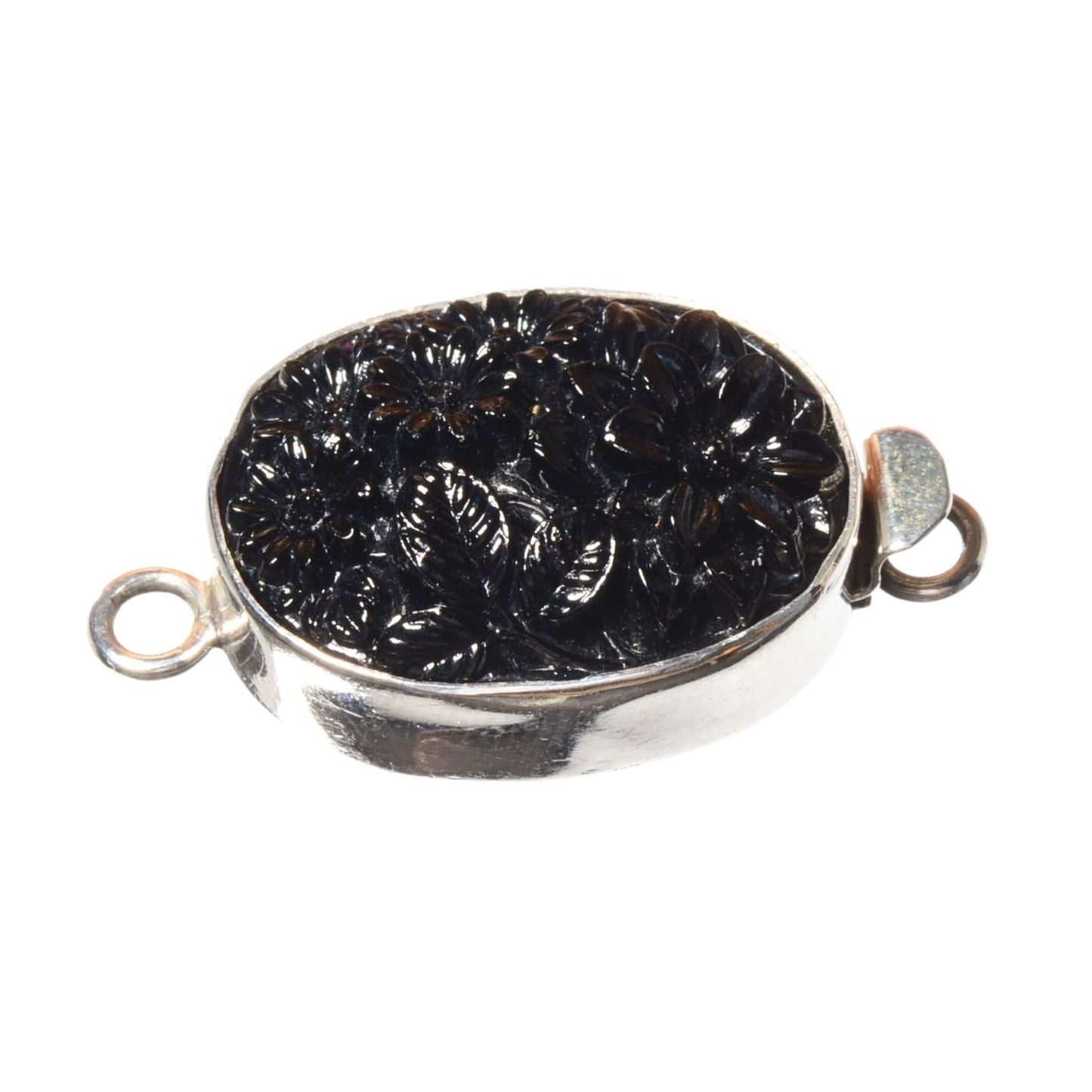 Sterling Silver Oval Clasp with Carved Black Floral Inlay