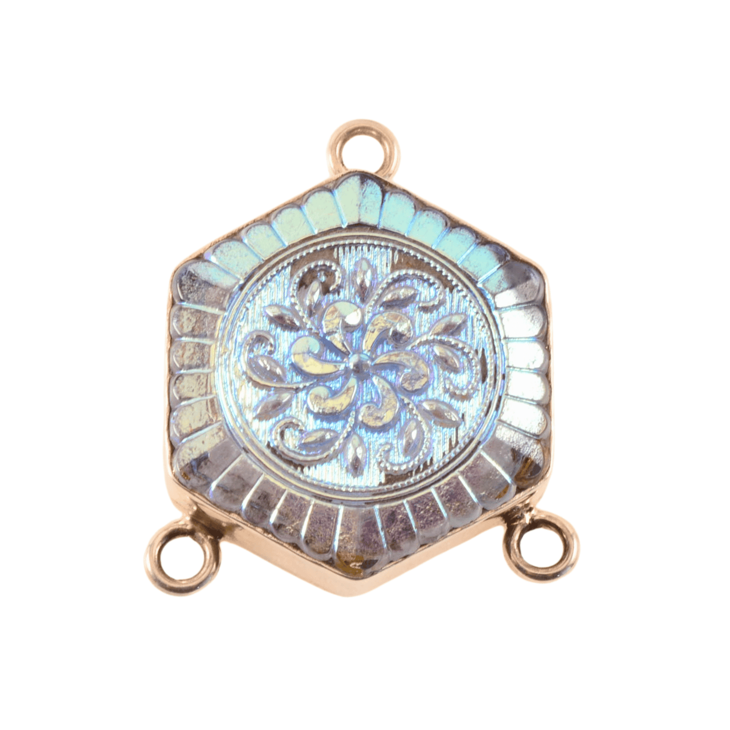 Vintage Sterling Silver Hexagon Connector with Iridescent Czech Glass
