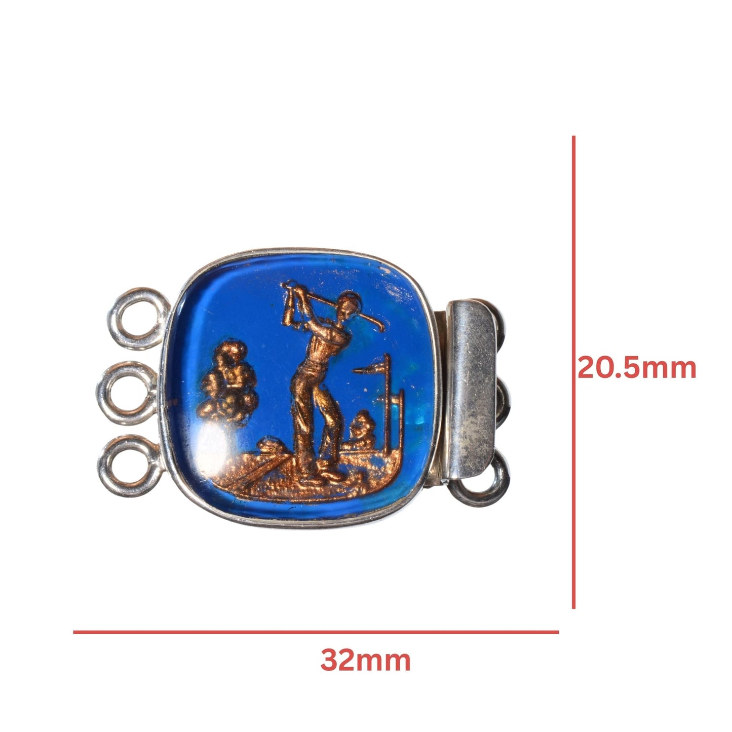 Sterling Silver Golf Scene Clasp with Blue Glass Inlay – 3 Strand