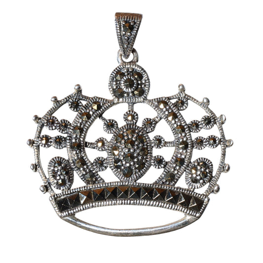 Sterling Silver Crown Pendant with Marcasite – Vintage .925 Silver (38mm)