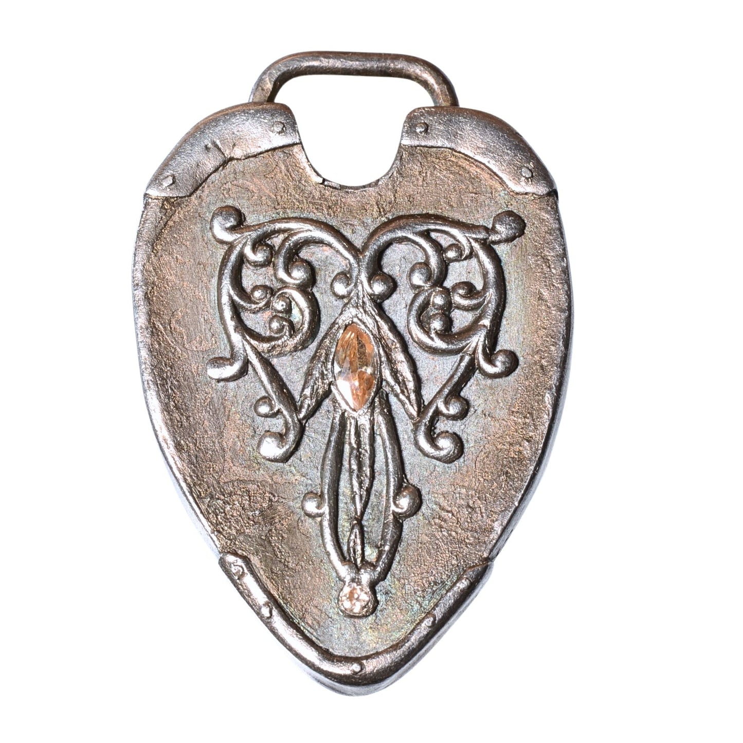 Sterling Silver Heart Padlock Pendant with Citrine – Vintage .925 Silver (42mm)
