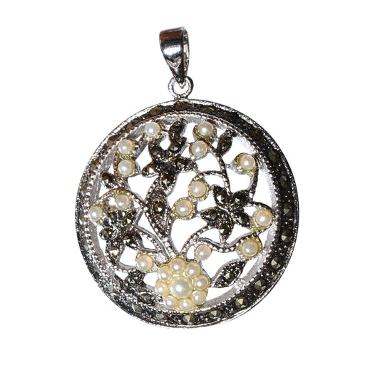 Sterling Silver Pearl & Marcasite Pendant – Vintage .925 Silver (38mm)