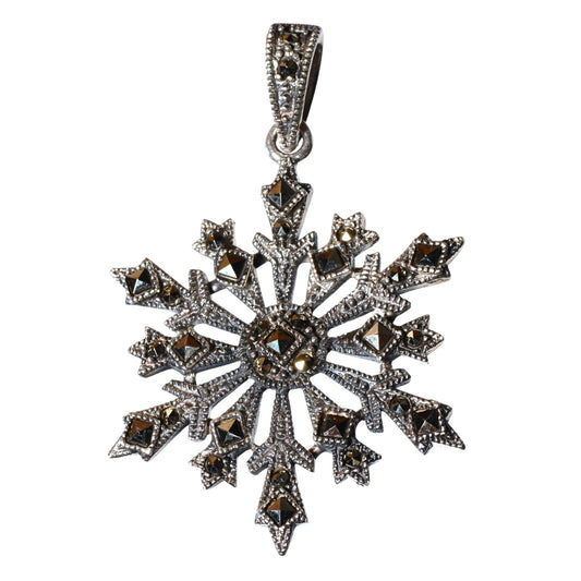 Sterling Silver Marcasite Snowflake Pendant – Vintage .925 Silver (38mm)