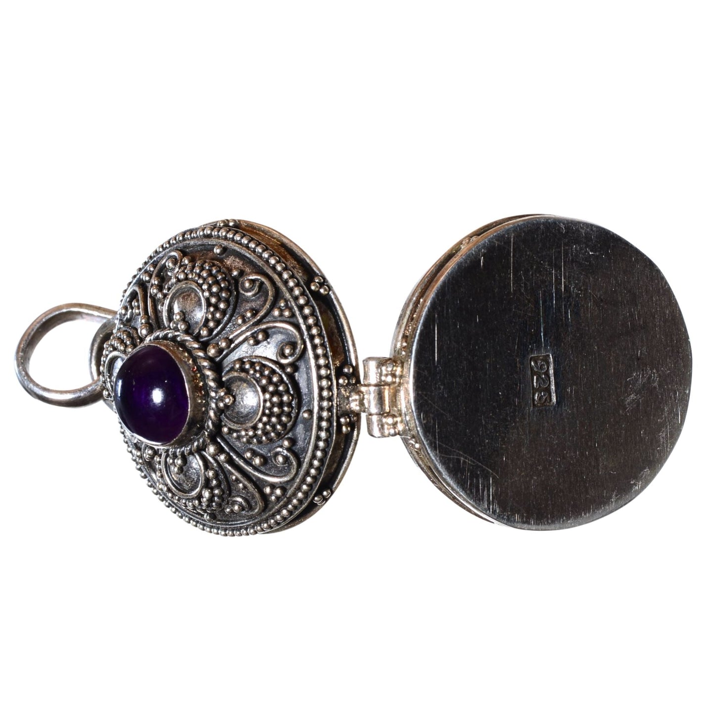 Sterling Silver Amethyst Locket Pendant – Vintage .925 Silver (32mm)