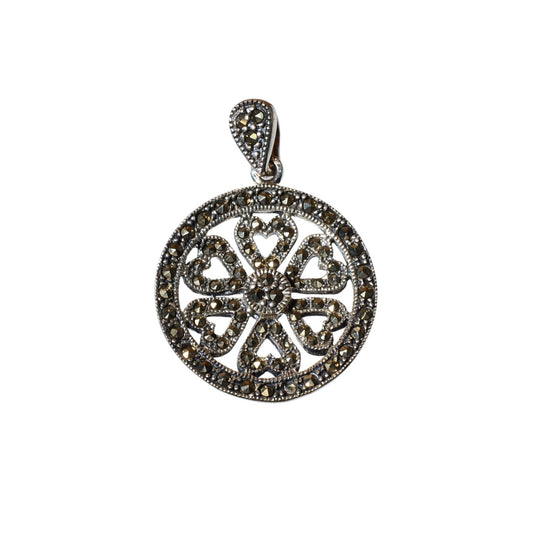Sterling Silver Marcasite Heart Medallion Pendant – Vintage .925 Silver