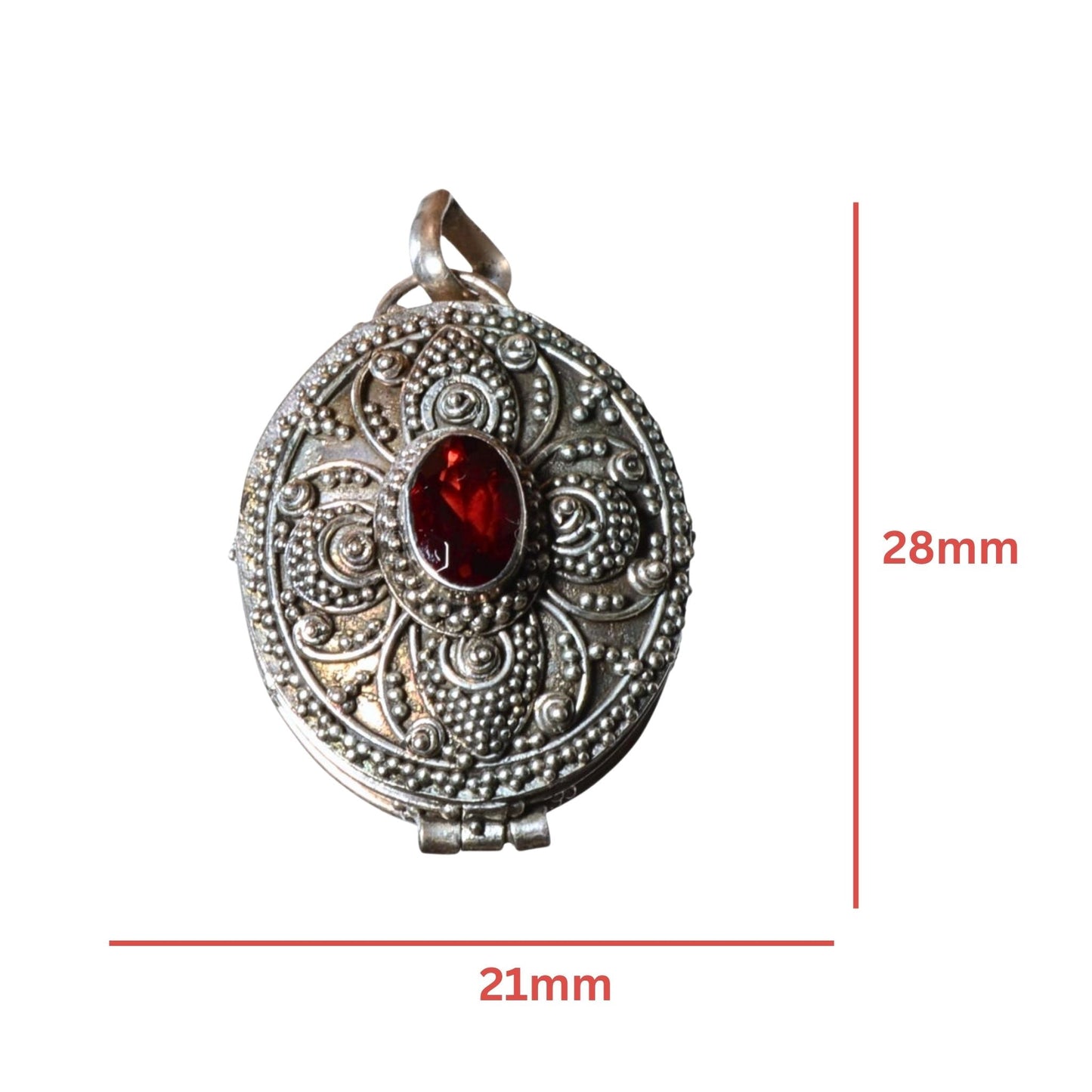 Sterling Silver Ornate Oval Locket Pendant – Red Glass Accent (.925)