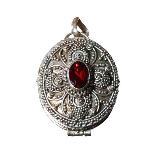 Sterling Silver Ornate Oval Locket Pendant – Red Glass Accent (.925)