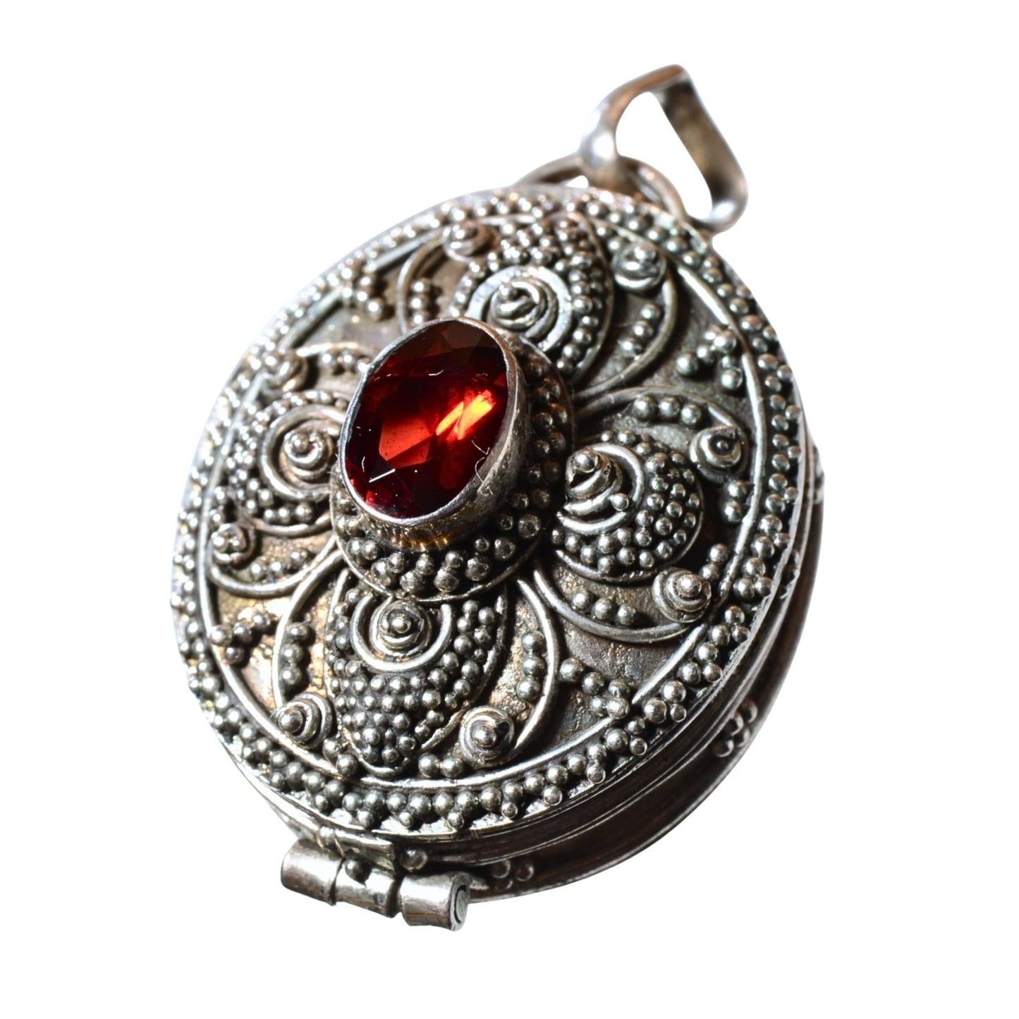Sterling Silver Ornate Oval Locket Pendant – Red Glass Accent (.925)