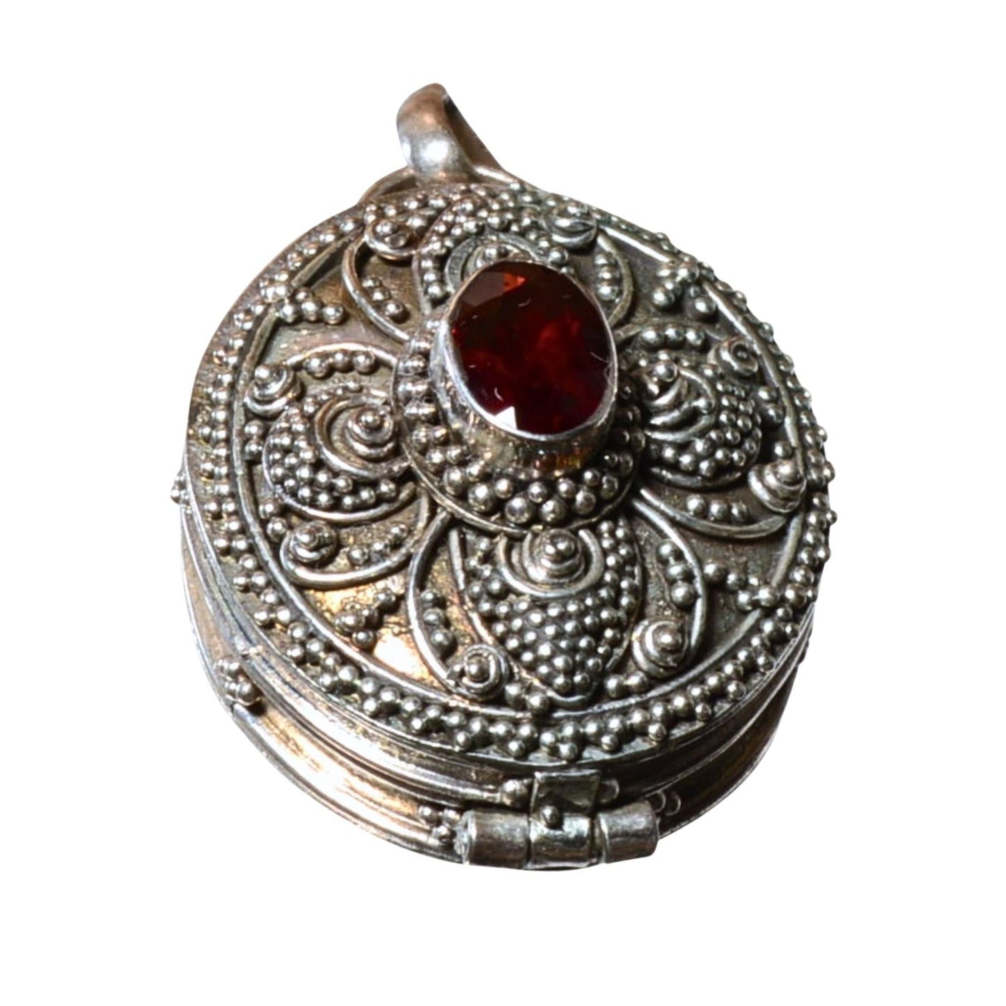 Sterling Silver Ornate Oval Locket Pendant – Red Glass Accent (.925)