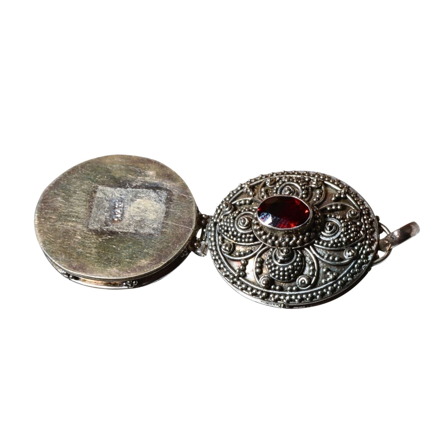 Sterling Silver Ornate Oval Locket Pendant – Red Glass Accent (.925)