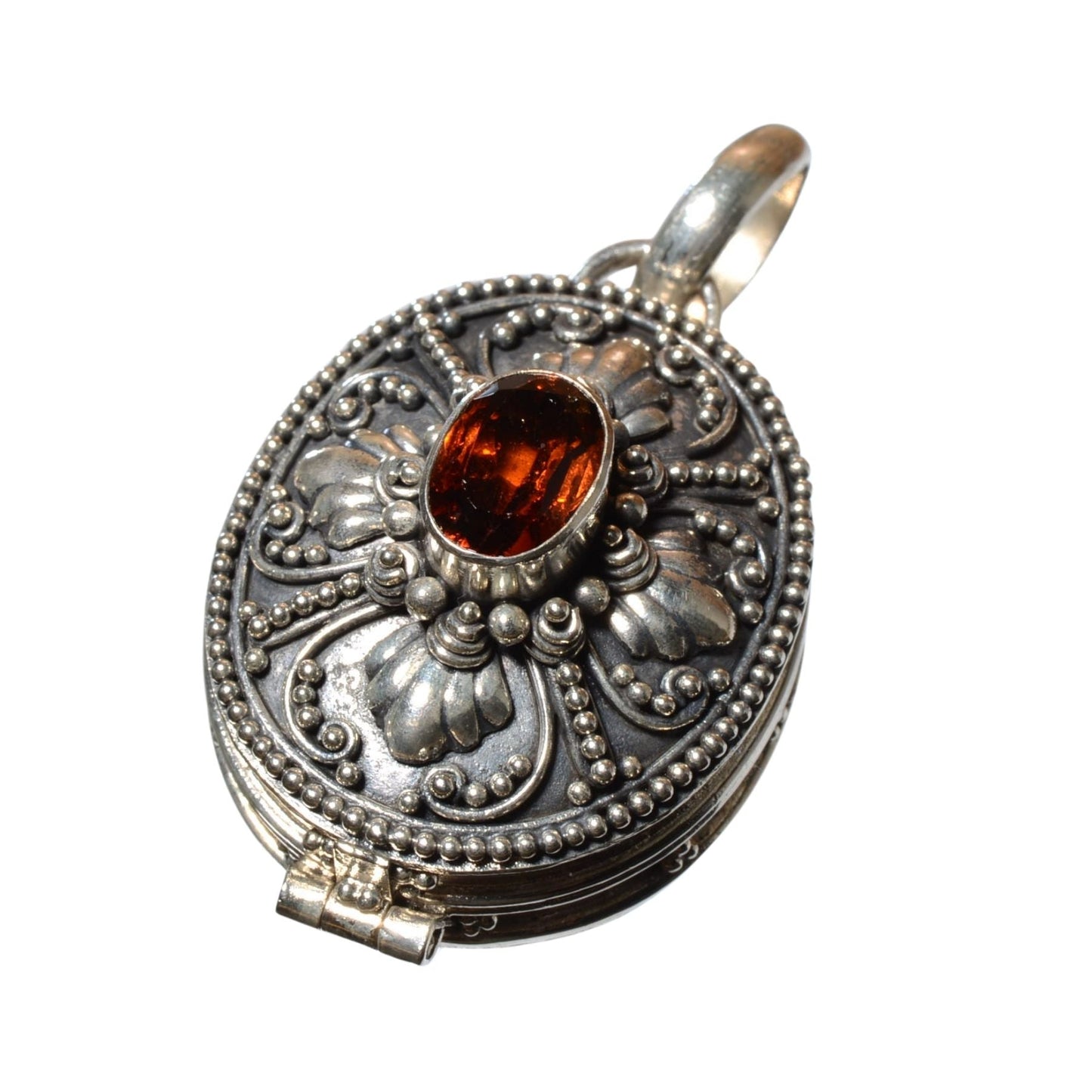 Vintage Sterling Silver Oval Locket with Faceted Red Crystal – 925 Silver Pendant