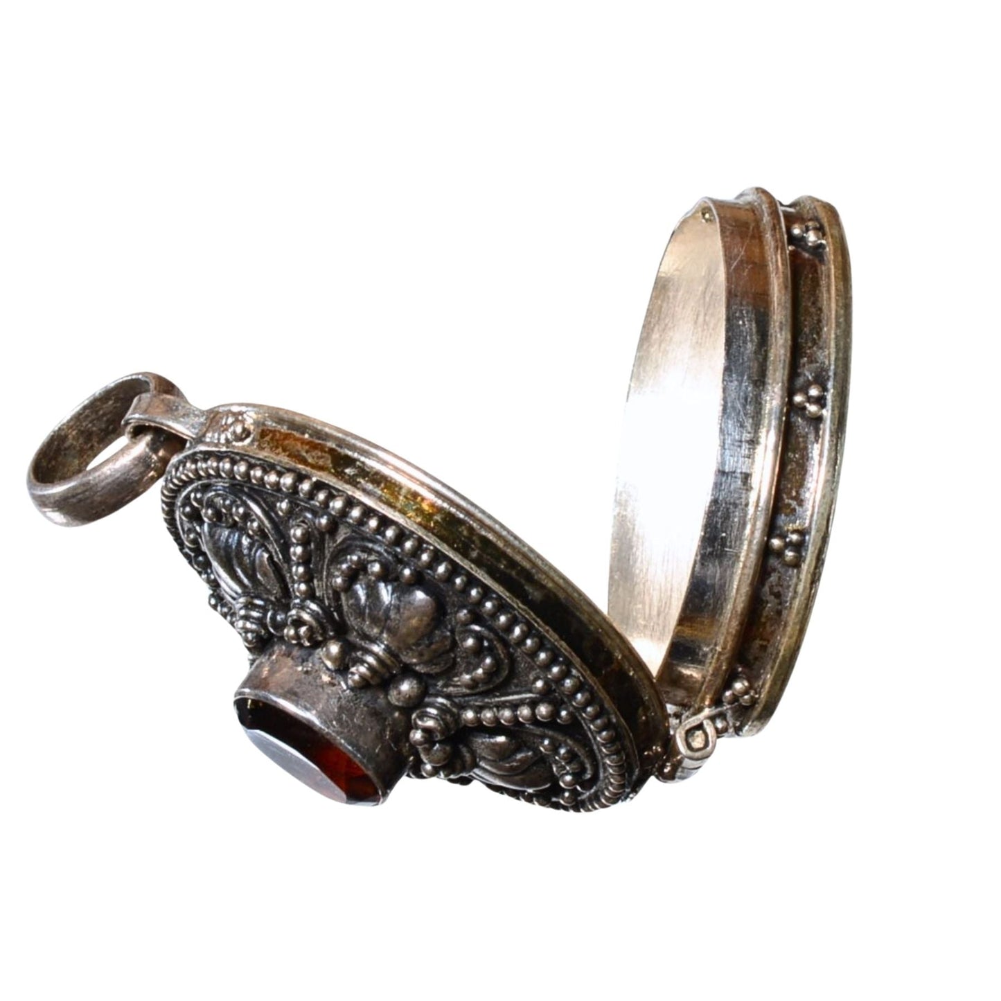 Vintage Sterling Silver Oval Locket with Faceted Red Crystal – 925 Silver Pendant