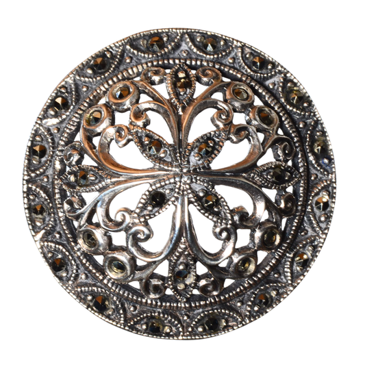 Sterling Silver Marcasite Filigree Medallion Pendant – Vintage .925 Silver