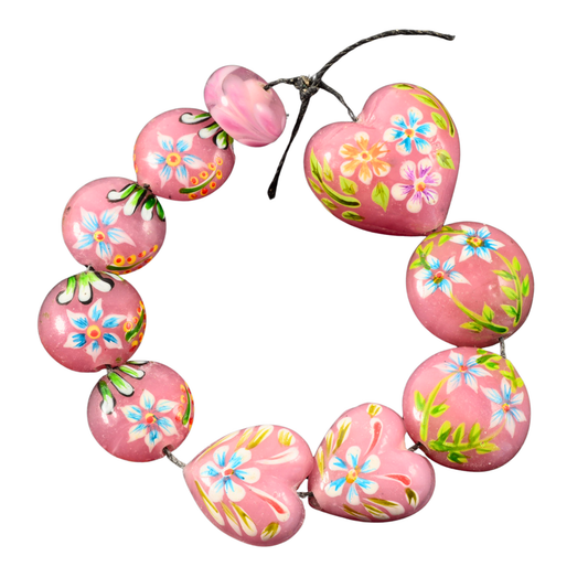 Handmade Lampwork Mixed Floral Focal Beads – Hearts & Lentils (Set of 10)