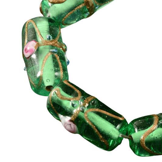 Handmade Lampwork Glass Beads – Green Kalera Beads with Gold Swirl – Mixed Sizes