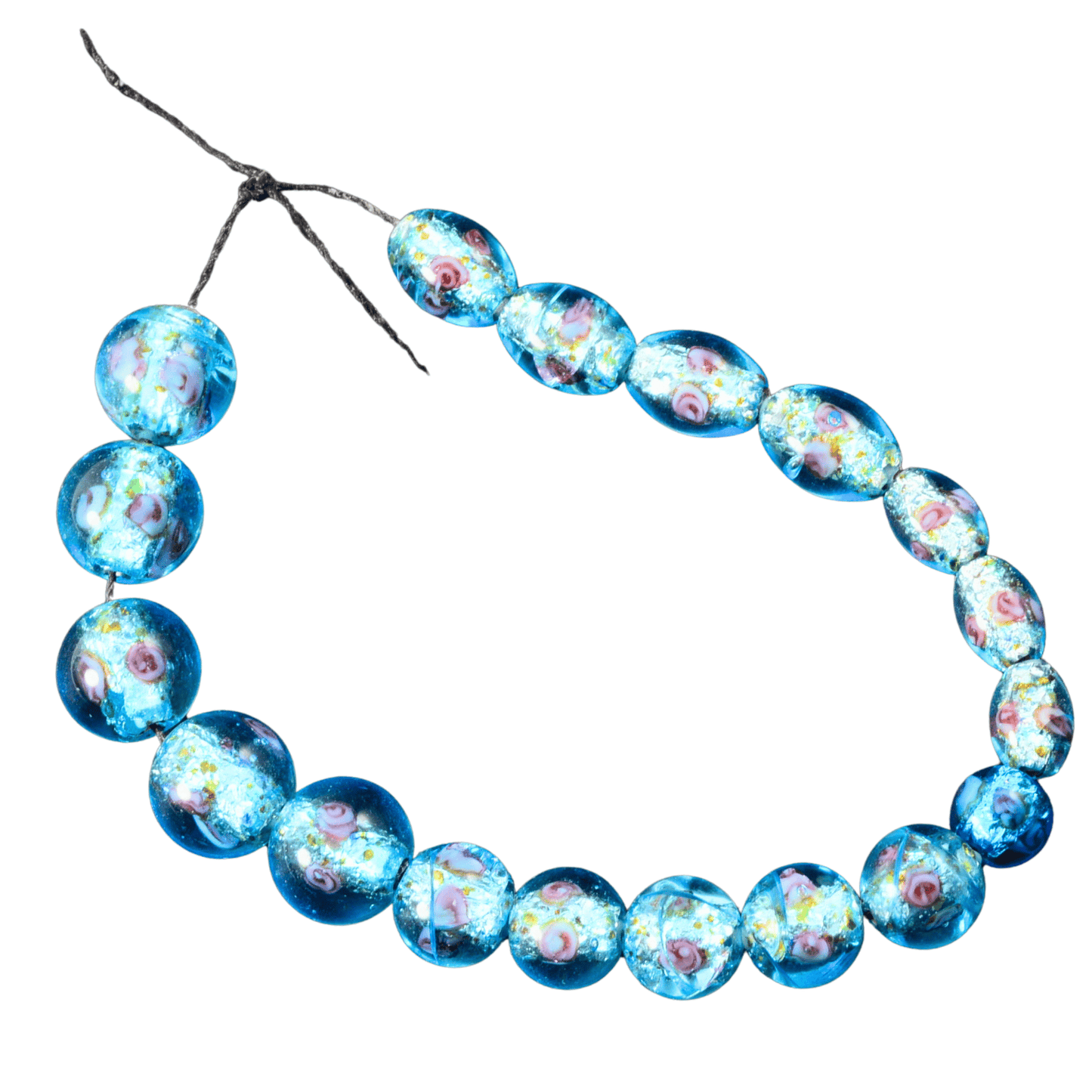 Handmade Lampwork Glass Beads – Aqua Blue Floral Beads with Gold Fleck – Mixed Strand