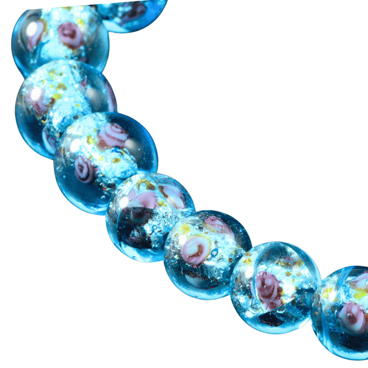 Handmade Lampwork Glass Beads – Aqua Blue Floral Beads with Gold Fleck – Mixed Strand