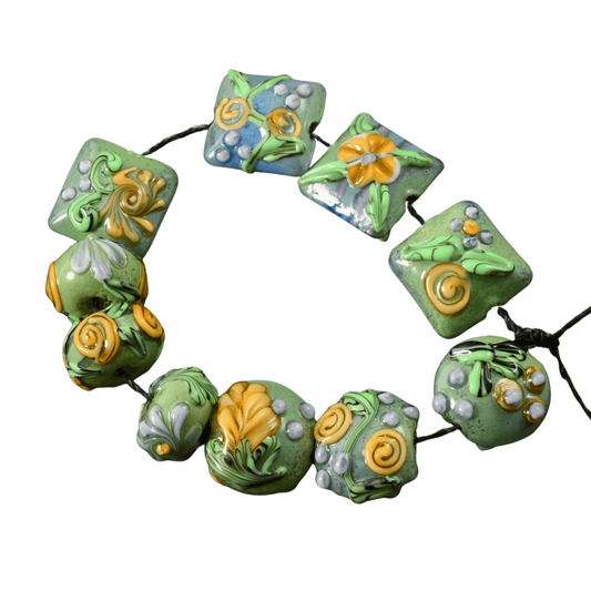 Handmade Lampwork Mixed Garden Beads – Rondel, Pillow & Lentil (Set of 10)
