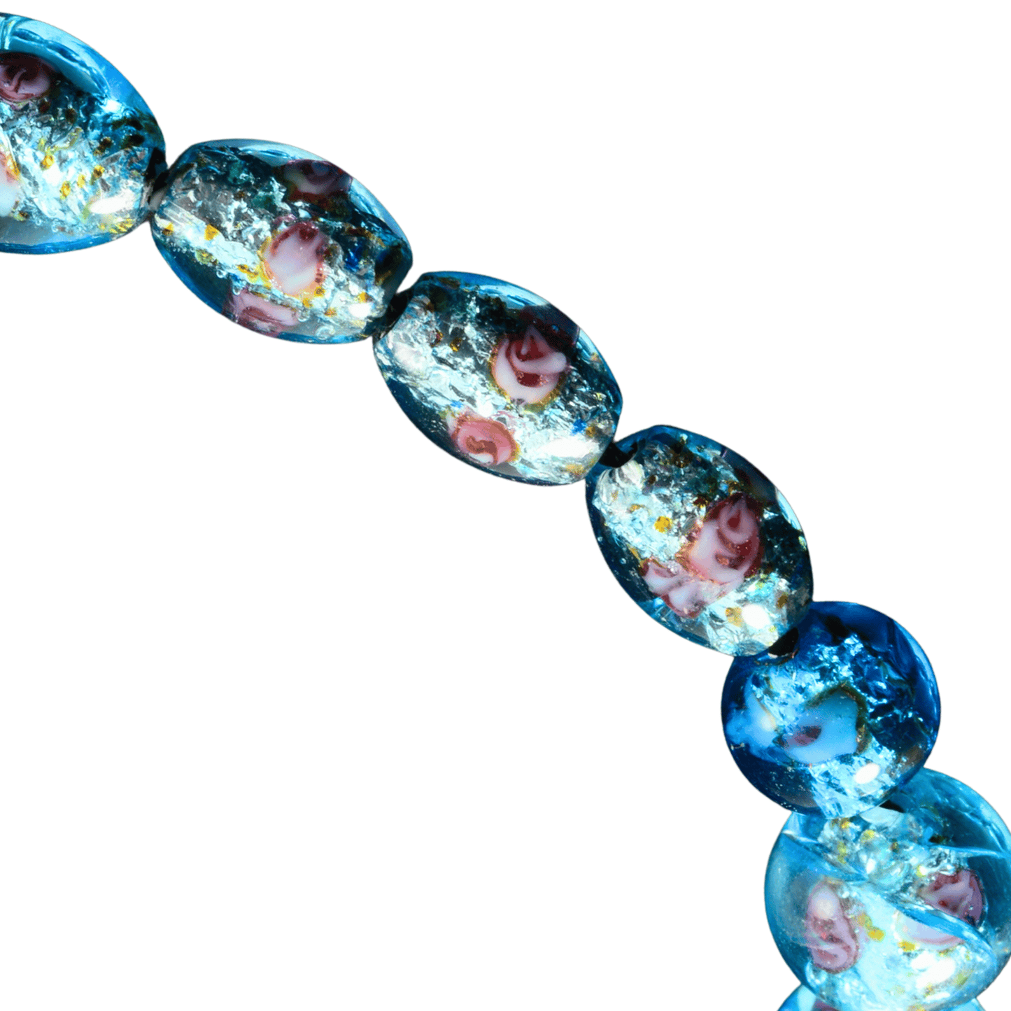 Handmade Lampwork Glass Beads – Aqua Blue Floral Beads with Gold Fleck – Mixed Strand