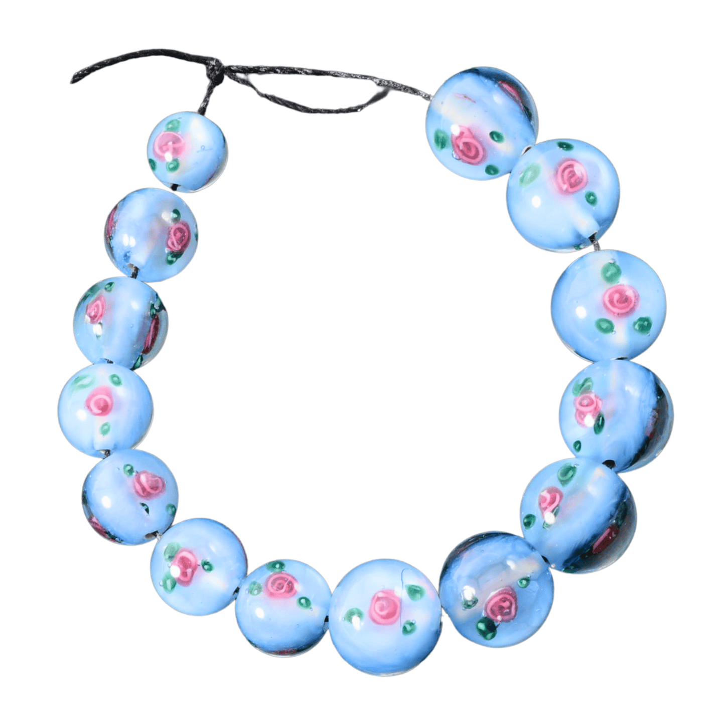 Handmade Lampwork Glass Beads – Light Blue Floral Rounds – Mixed Size Strand