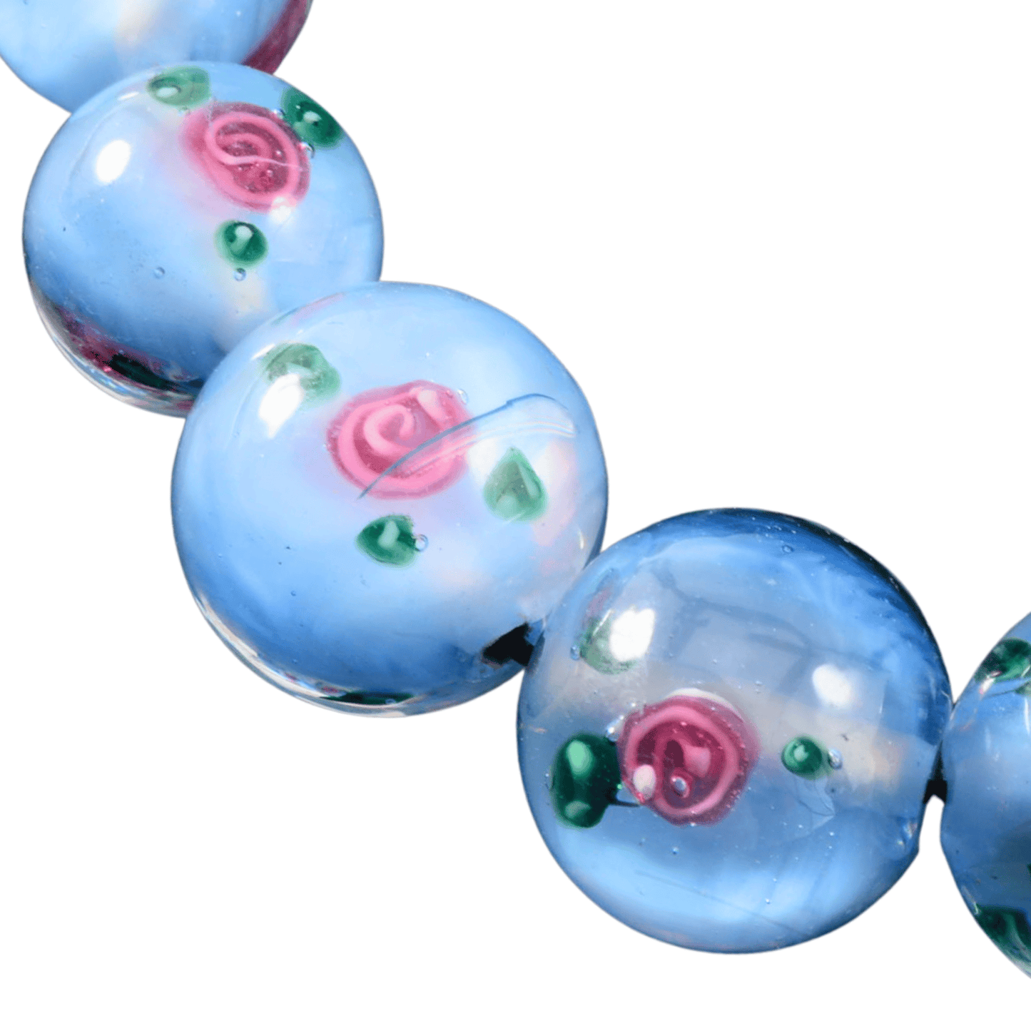 Handmade Lampwork Glass Beads – Light Blue Floral Rounds – Mixed Size Strand