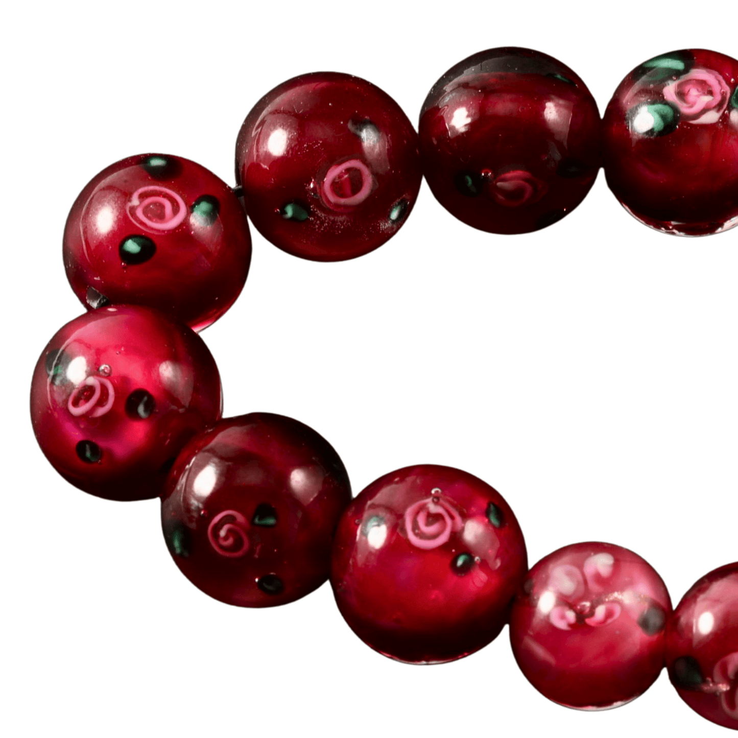 Handmade Lampwork Glass Bead Strand – Red Floral Mix (29 Beads)