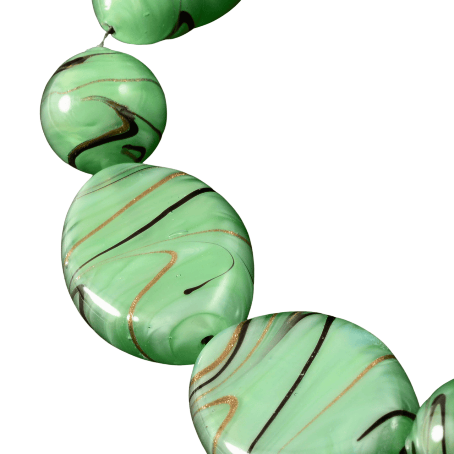 Large Handmade Lampwork Glass Bead Strand – Green Swirl Coin & Marquise Beads