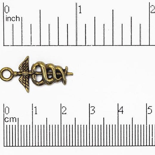 25mm x 12mm Caduceus Medical Symbol Charm - Made of Pewter - Available in Gold - Sold Individually - CBS1446