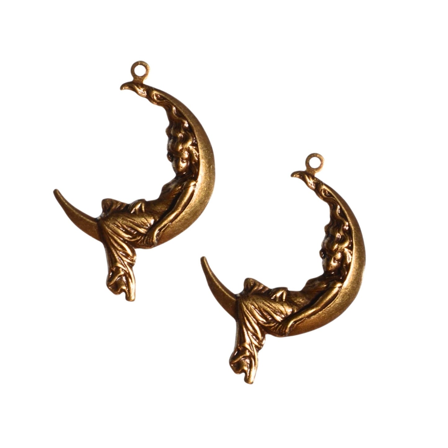 Crescent Moon Charm with Sleeping Woman Antique Brass - Sold by Piece