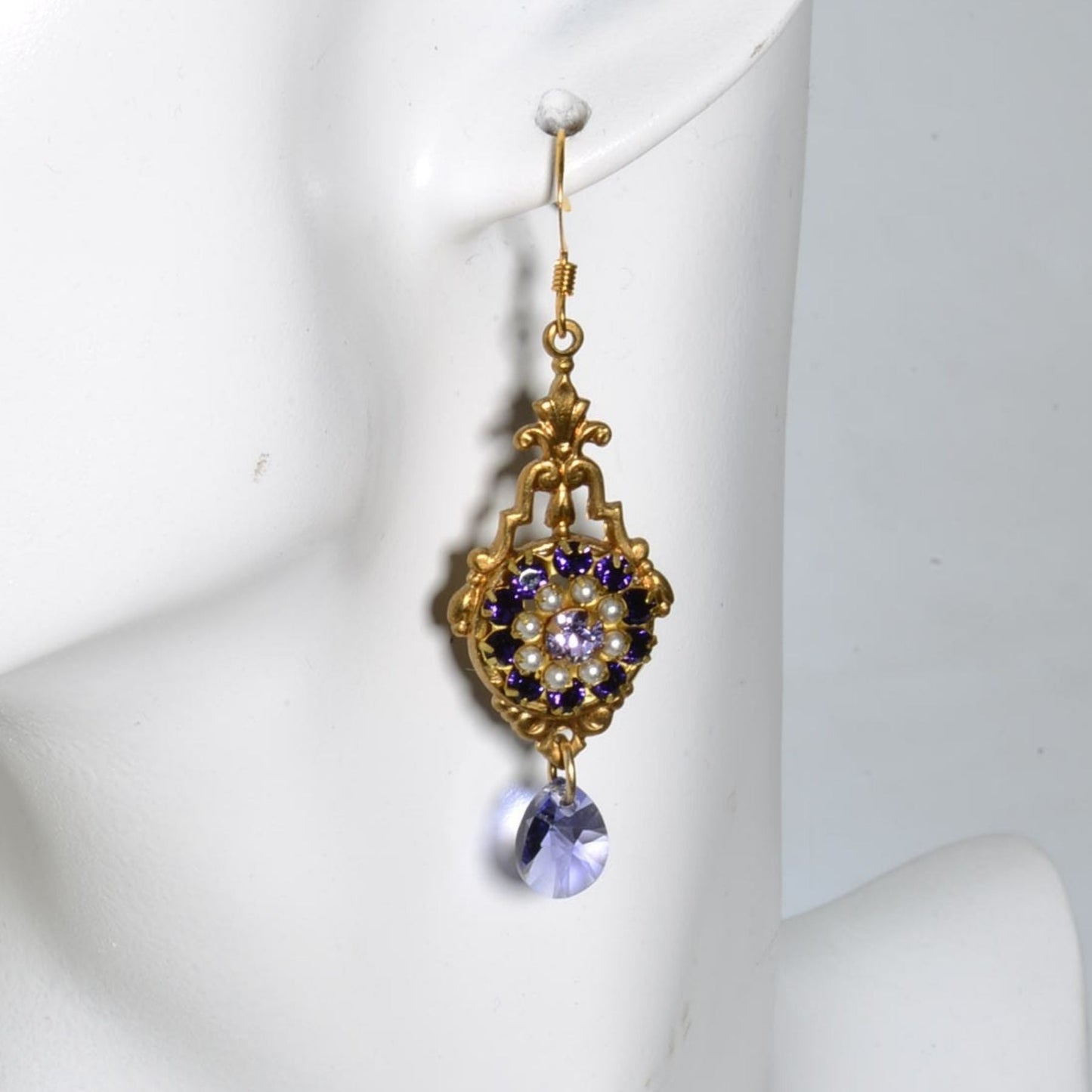 Vintage Brass Earrings with Swarovski Crystals & Amethyst Glass