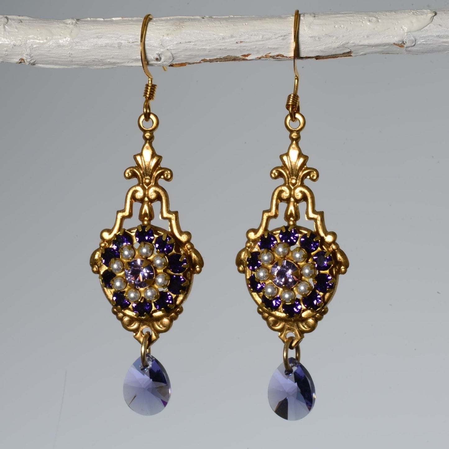 Vintage Brass Earrings with Swarovski Crystals & Amethyst Glass
