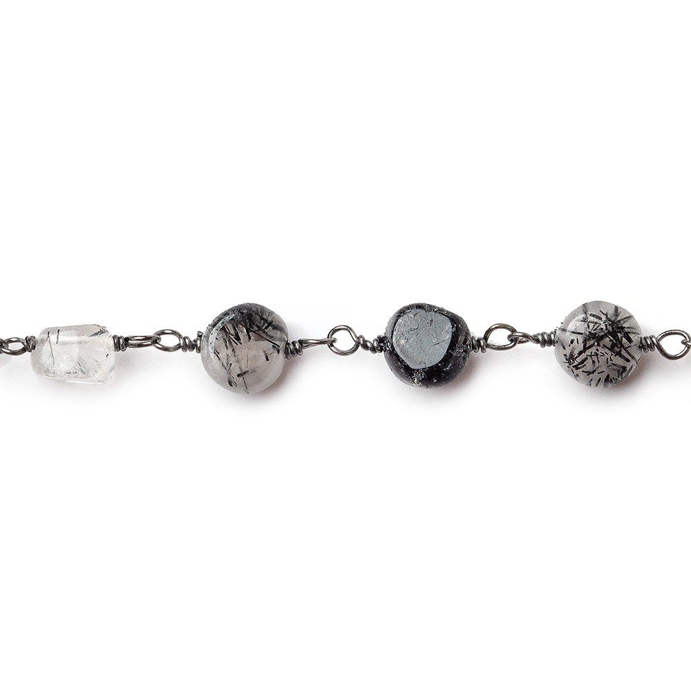 Black Tourmalinated Quartz plain coin Black Gold plated Chain by the foot