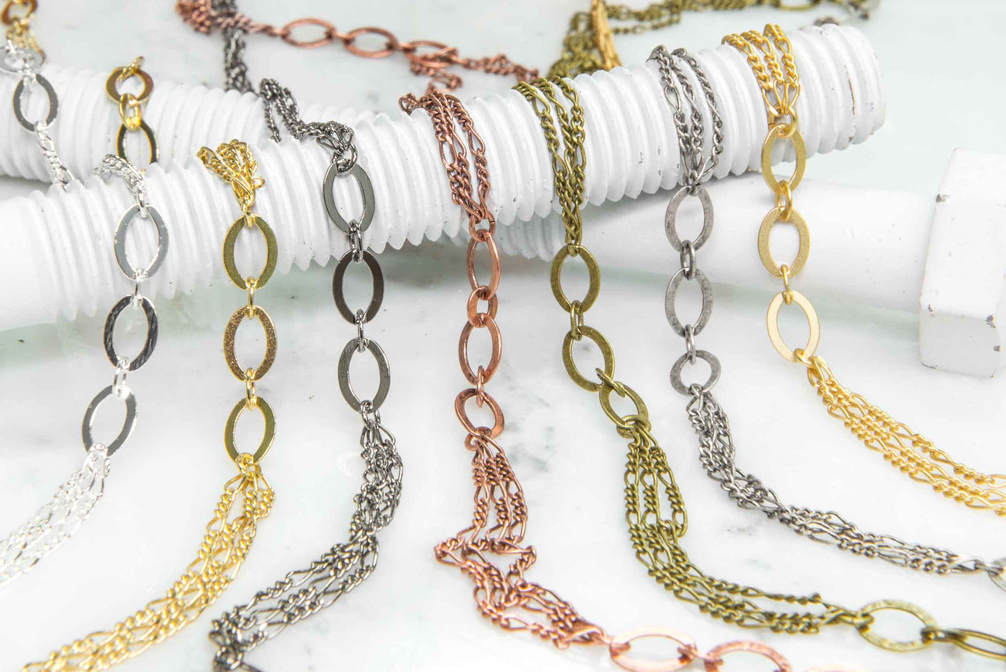 9mm x 6mm Hammered Flat Oval Specialty Chain Links alternating with 2" Delicate Figaro Chain sold by the Foot available in Multiple Colors - CH 60