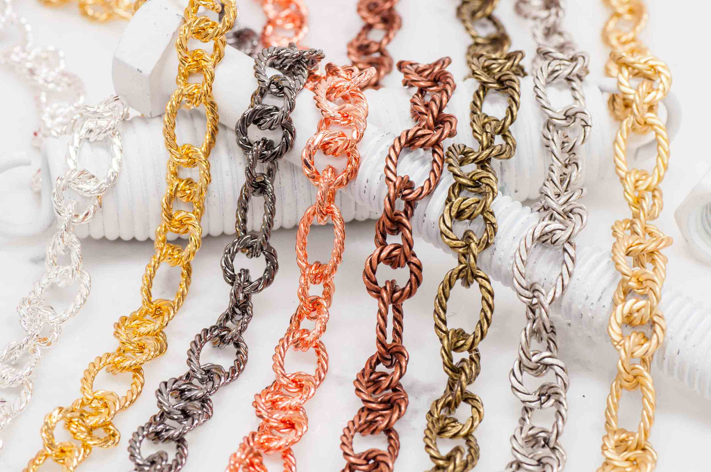 17mm x 12mm Oval, 11mm Round Rope Textured Link Chain - Made of Brass - Sold by the Foot - Ch-812
