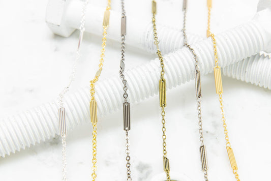 Textured Bar & Cable Chain - 9mm Bar, 2mm Cable - Made of Brass - Sold by the Foot - Ch-926