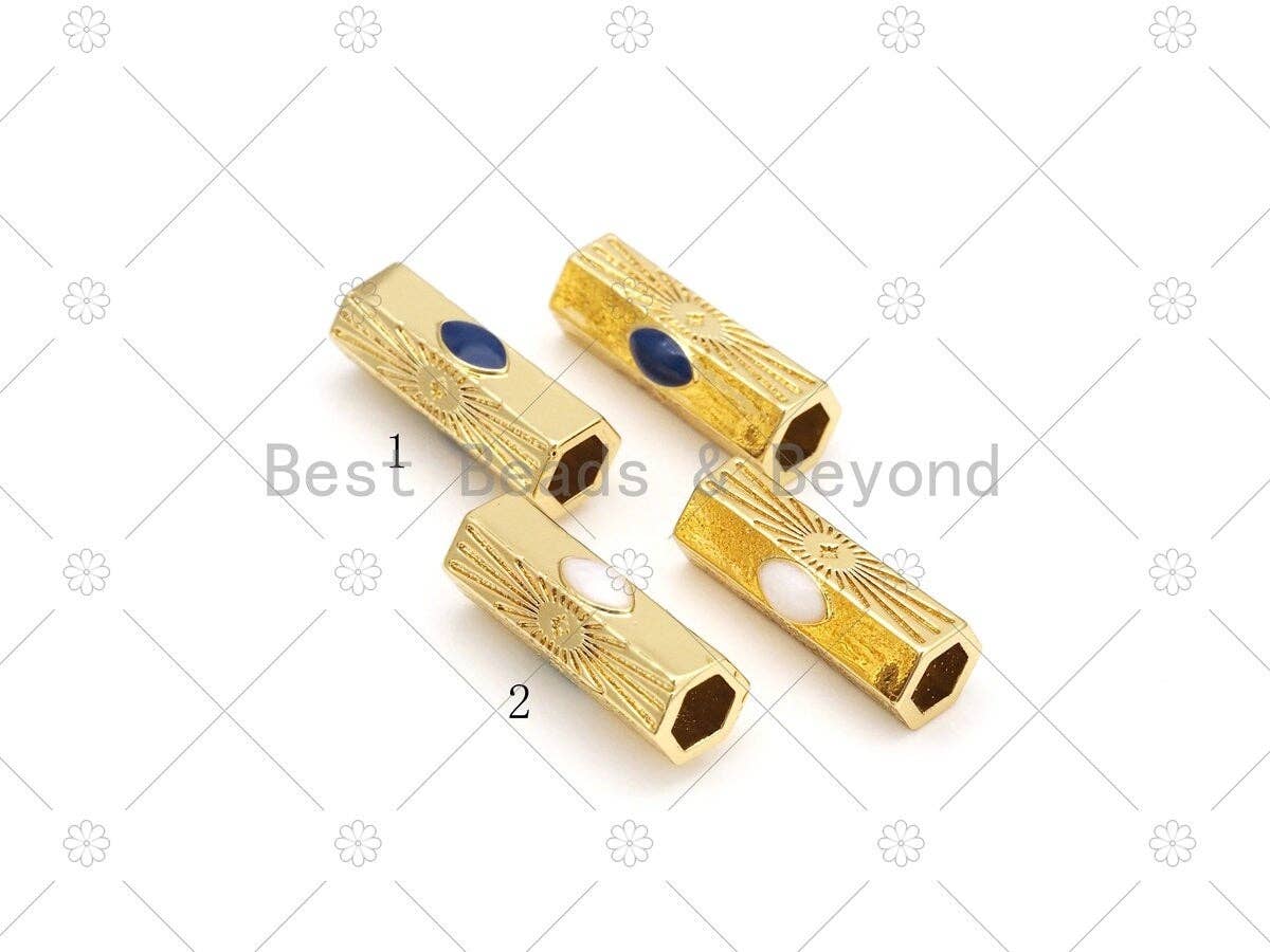 Cobalt/White Oval Enamel On Hexagon Shape Large Hole Tube Spacer Beads, 18K Gold Filled Beads,Tube Spacer,9x23mm, Sku#Y527