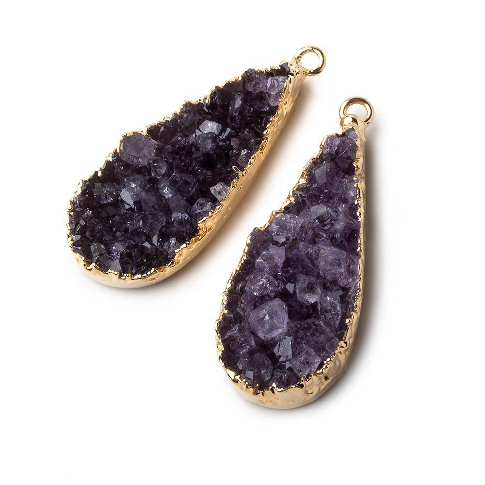 Gold Leafed Amethyst Pear Drusy Pendant Matched Set 2 pieces 33x15x9mm  A Grade