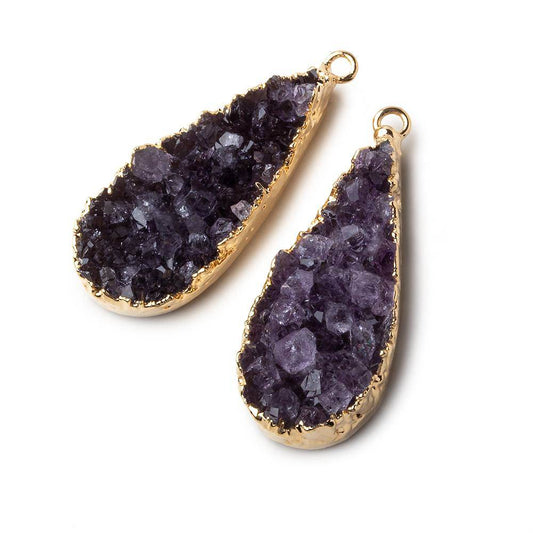 Gold Leafed Amethyst Pear Drusy Pendant Matched Set 2 pieces 33x15x9mm  A Grade
