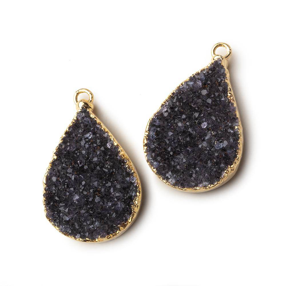 Gold Leafed Grey Black Pear Drusy Pendant Matched Set 2 pieces 25x18x6mm  A Grade