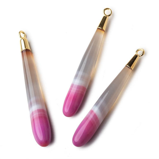 Gold Leafed Hot Pink Banded Agate tear drop Pendant 1 focal bead 40x7mm