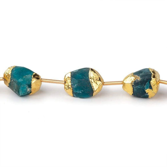 Gold Leafed Matte Neon blue Apatite plain nuggets 6 inch 7 beads 10x9-12x9mm