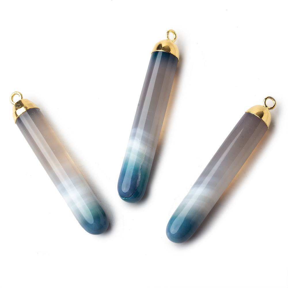 Gold Leafed Teal Banded Agate Cylindrical Tube Pendant 1 focal bead 40x7mm