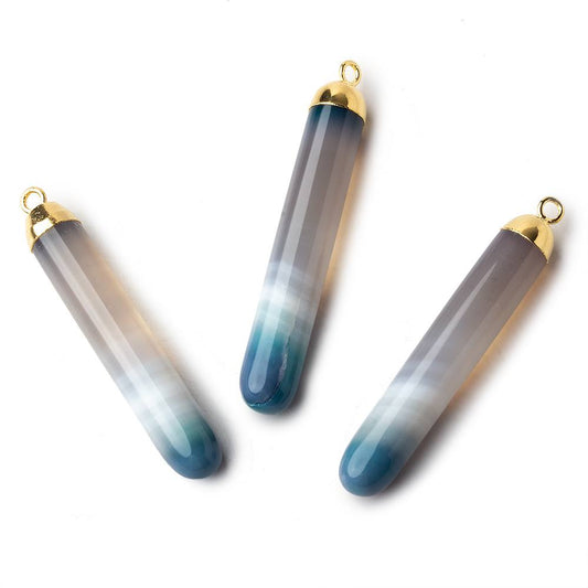 Gold Leafed Teal Banded Agate Cylindrical Tube Pendant 1 focal bead 40x7mm
