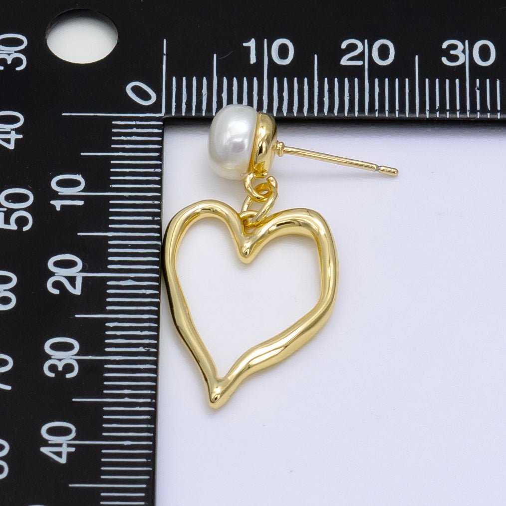 Gold Pearl Geometric Open Heart Minimalist Stud Earrings | AB-062