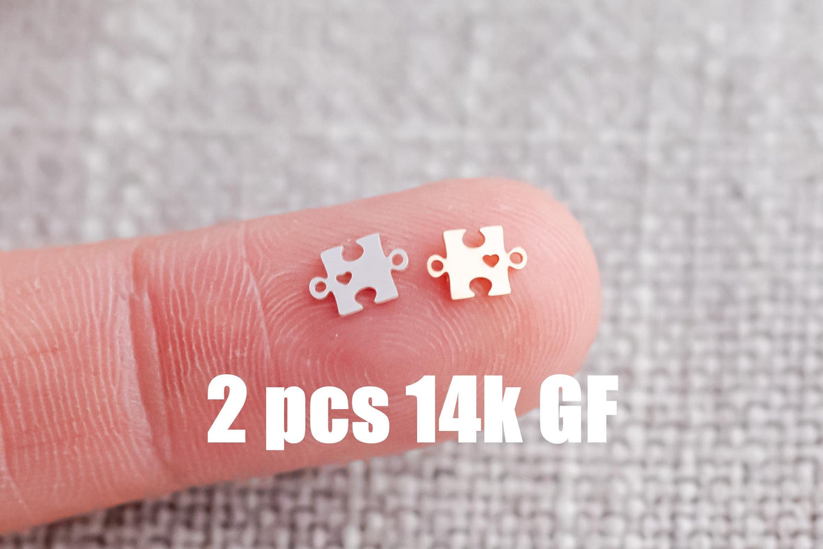 Set of 2 Gold Filled Puzzle Autism connector - sterling silver 14k gold filled permanent jewelry word connectors charm, pendant, 4mm tall